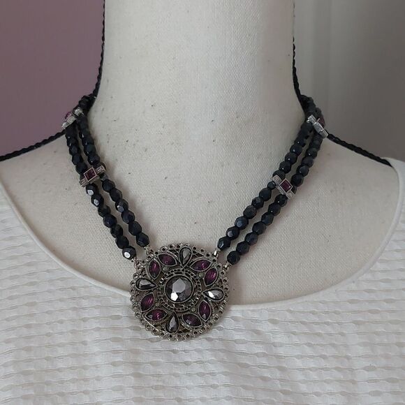 Vintage Jewelry - SOLD Vintage Faceted Glass Crystals Necklace with Round Rhinestone Paved Pendant